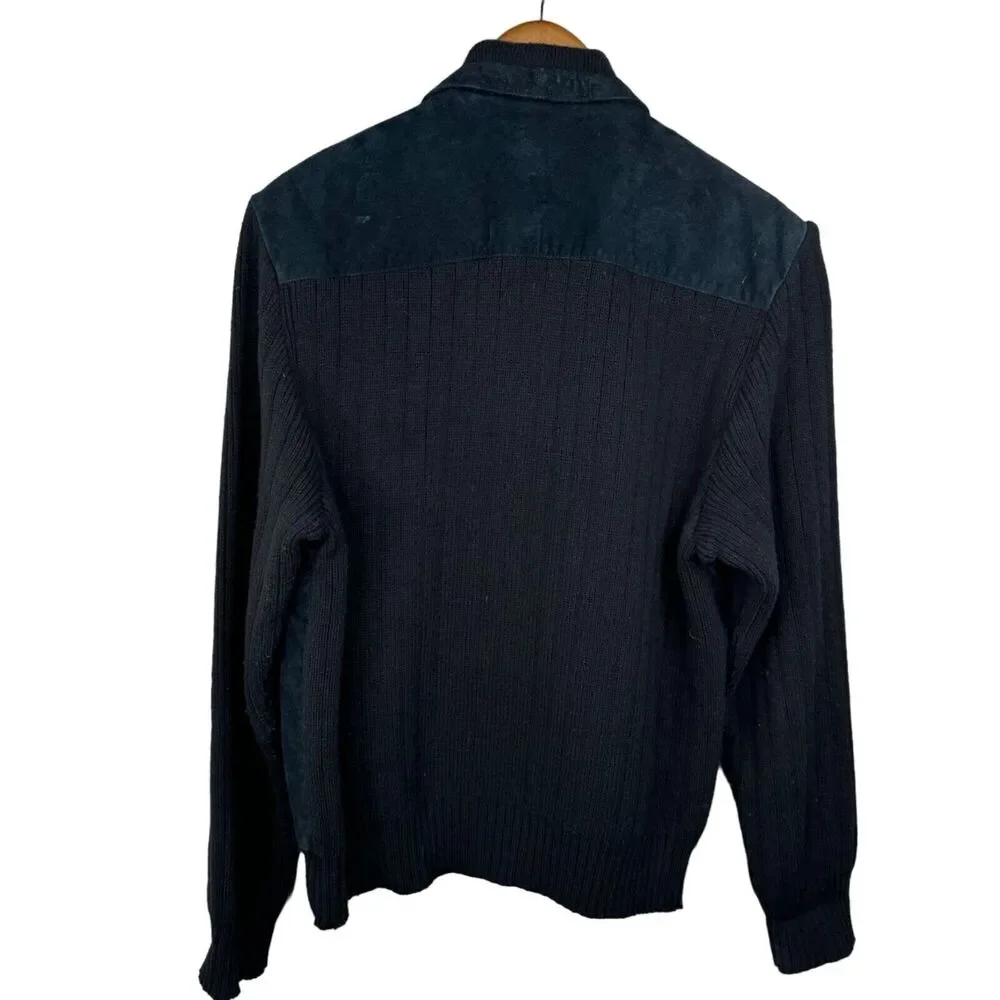 White Oak Mens Large Black Leather Knit Bomber Jacket 80s 90s‎ Grandpa Sweater